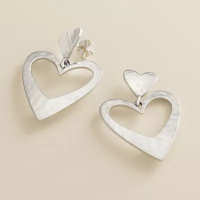 Hammered Double Heart Drop Earrings 2 Hammered Double Heart Drop Earrings - Image 2